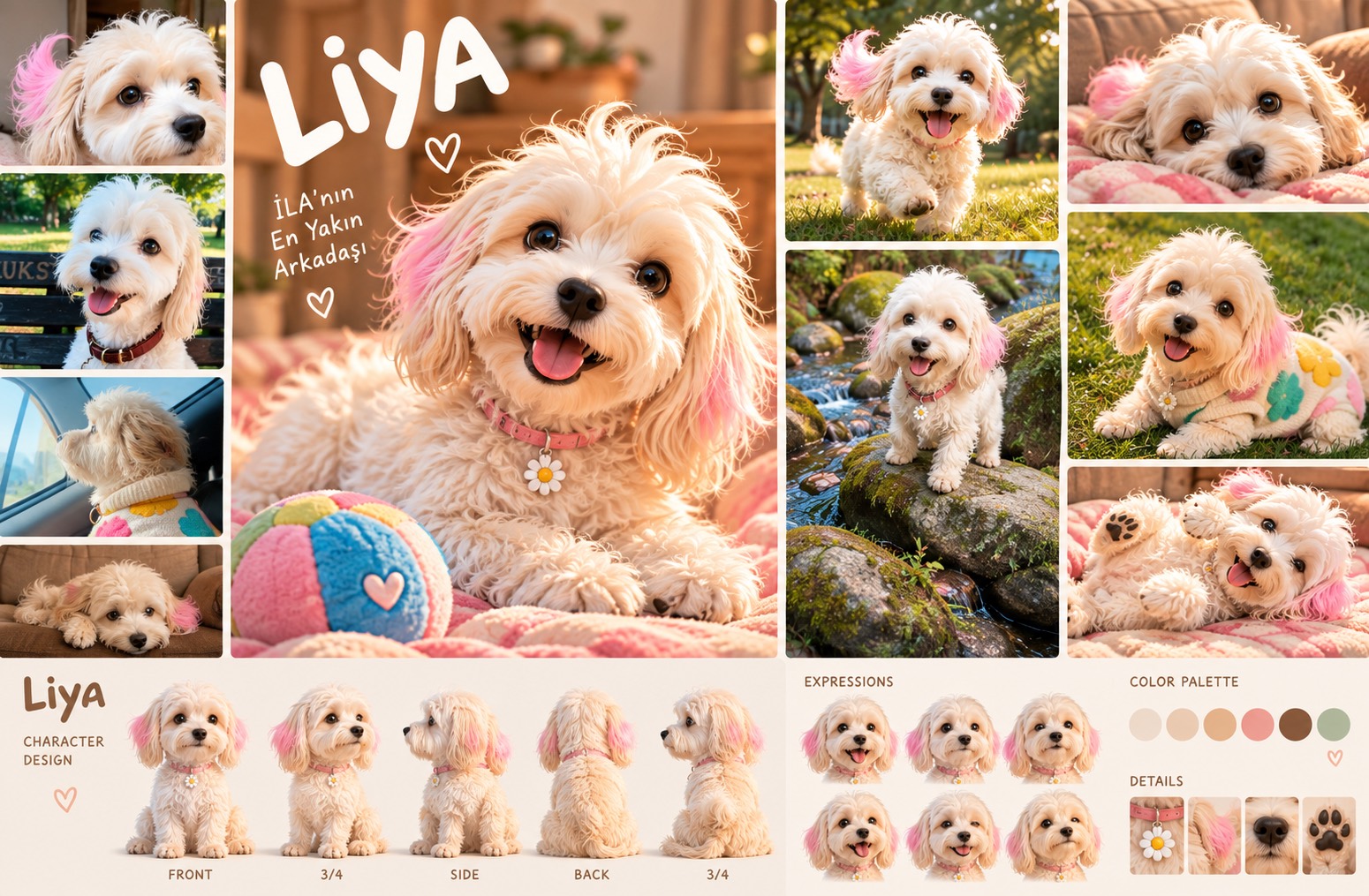 Liya'nın karakter panosu: krem-beyaz kıvırcık tüylü, uçları pembe kulaklı, papatya kolyeli köpek; oyun, dinlenme ve doğa sahneleri, farklı açılar, yüz ifadeleri ve renk paleti