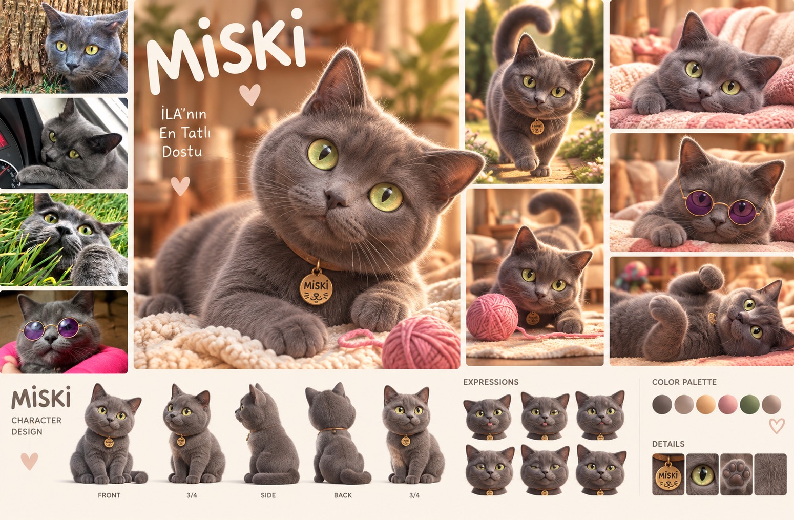 Miski'nin karakter panosu: mavi-gri tüylü, sarı-yeşil gözlü, altın künyeli tombul kedi; yün yumağıyla oyun, mor gözlüklü hâli, farklı açılar, yüz ifadeleri ve renk paleti
